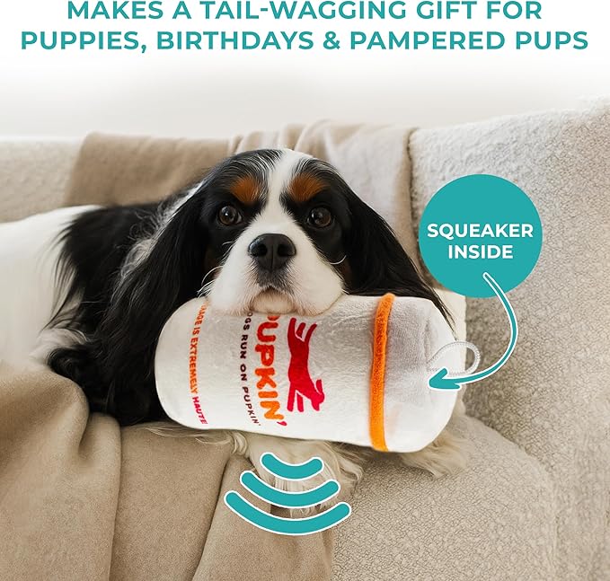 Haute Diggity Dog Pupkin' Donuts Hot Coffee Cup Plush Dog Toy for Small, Medium & Large Dogs, Interactive Funny Parody Squeaky Toys, Soft, Durable, Machine-Washable, Safe & Cute Birthday Gift for Dogs