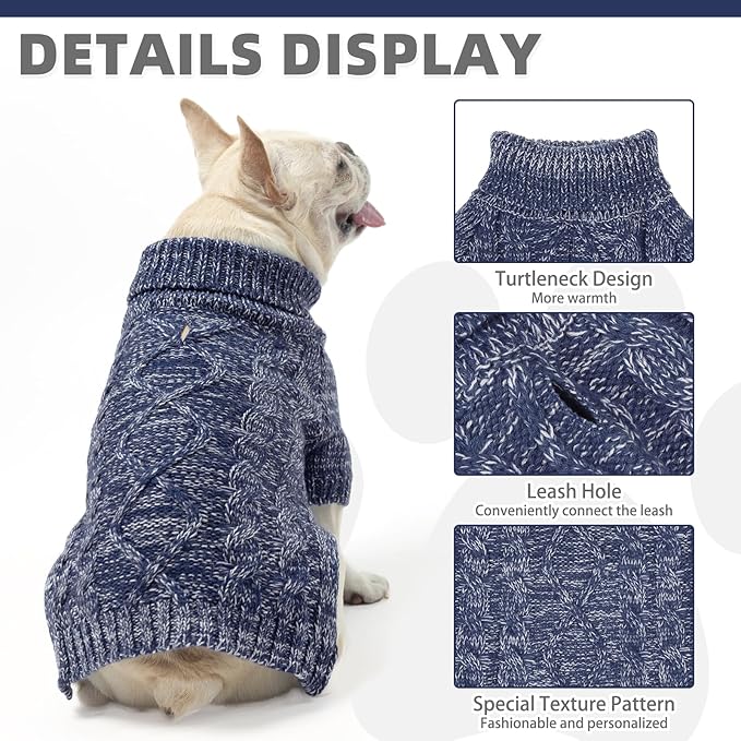 KOOLTAIL Dog Sweater for Large Medium Small Dogs, Fall Dog Sweaters, Turtleneck Cable Knitwear Pet Cold Weather Coats with Leash Hole, Warm Winter Pullover Clothes for Bulldog, Yorkie,Boy Girl, Navy L