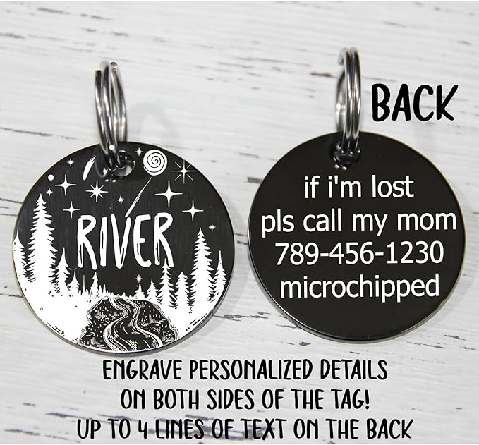 MYXGY Pet ID Tags, Customized Dog Name Tags, Personalized Cat Tags, Round Black Custom Stainless Steel, Engraved on Both Sides for Pets, White Laser Engraving Dog Collar Tag (Round)