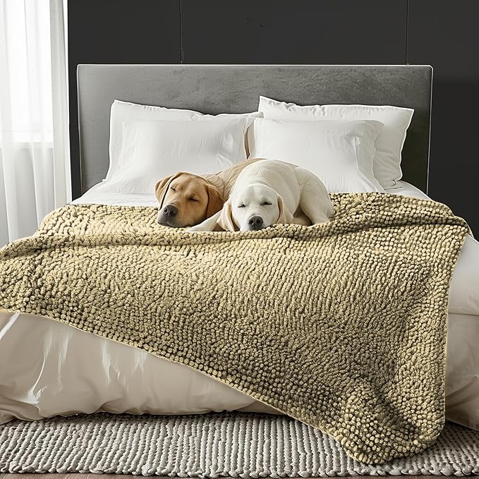 Muddy Mat® Dog Blanket - Chenille Water Absorption Blanket for Bed & Couch Cover for Dogs Washable, Anti-Slip Soft and Durable Furniture Protector for Dogs - Beige 40"x50"