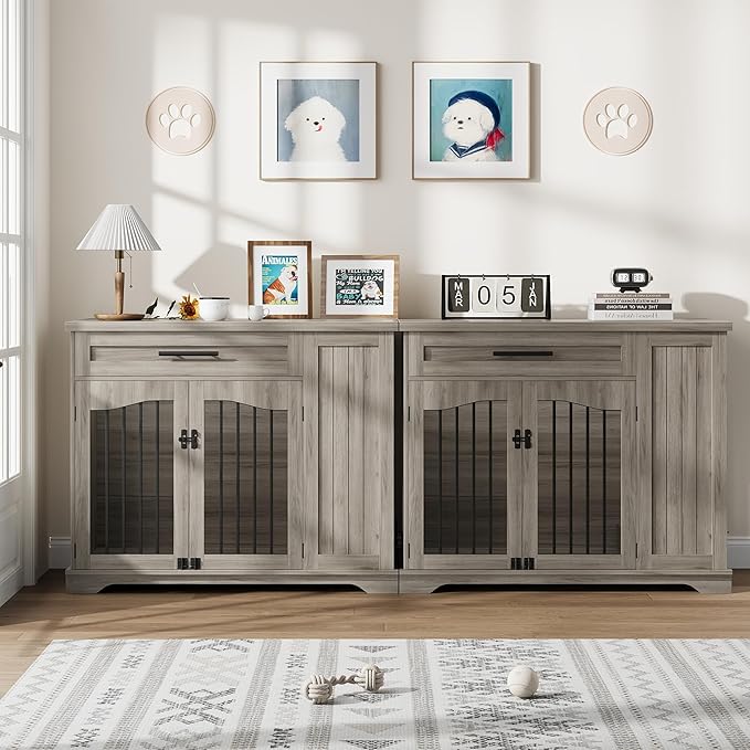 Furniture Style Dog Crate for Large Dogs, 44 Inch Heavy Duty Wooden Dog Kennel Furniture with Drawer & Side Storage and Bulit-in Feeding Station,Grey Set of 2