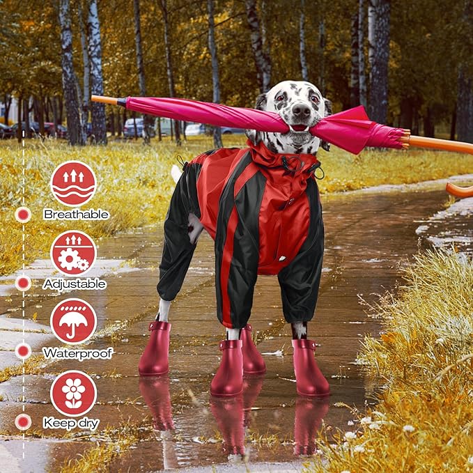 Dog Raincoat, Waterproof Dog Rain Coats for Large Dogs, Lightweight Rain Jacket, Adjustable 4 Legs Pet Poncho with Hood, Snow-Proof Dog Vest Rainwear, Rain Clothes Apparel with Leash Hole, Red