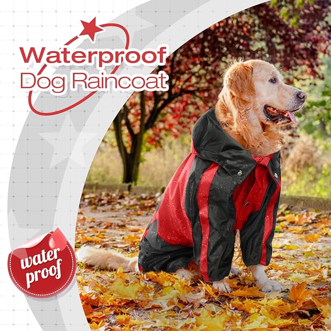 Dog Raincoat, Waterproof Dog Rain Coats for Large Dogs, Lightweight Rain Jacket, Adjustable 4 Legs Pet Poncho with Hood, Snow-Proof Dog Vest Rainwear, Rain Clothes Apparel with Leash Hole, Red