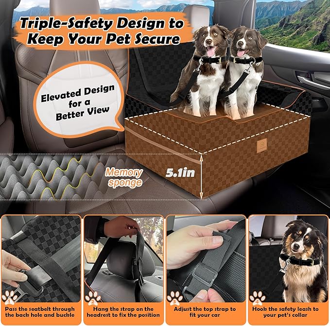 Large Dog Car Seat for Back Seat – Removable Dog Booster Seat & Washable Pet Car Seat for Medium & 2 Small Dogs up to 60lbs – Safety Straps & Storage Pocket – Travel & Home Use (Black)