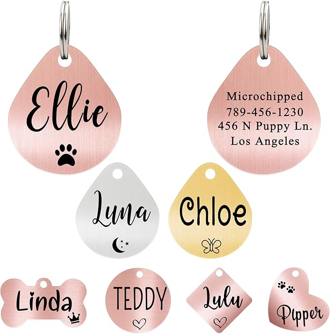 Ultra Joys Dog ID Tag, Custom Dog Tag Personalized Cat Tag, Pet ID Tag, Brushed Stainless Steel Teardrop Dog Tag Rose Gold Medium
