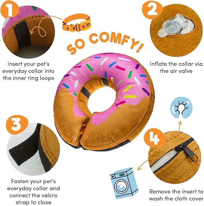 BENCMATE Inflatable Dog Cone Collar Alternative, Soft Dog Cone for Small Medium Large Dogs and Cats, Neck Recovery ECollar Donut Collar After Surgery (Large, Donut-Strawberry)