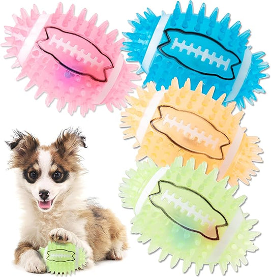 4.3” Dog Squeaky Football Toys 4 Pack, Light up and Durable Spiky Dog Balls for Medium Large Dogs with Rugby Shape, Built-in Squeaker for Teeth Cleaning and Training