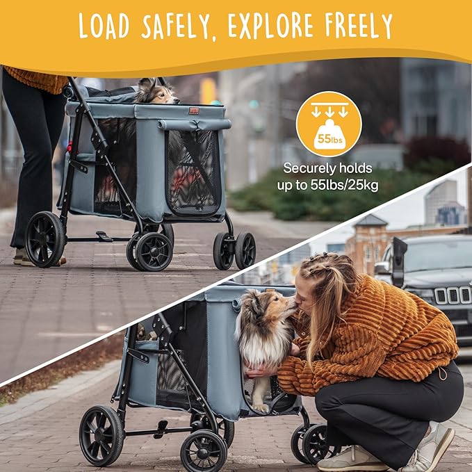 Scout Pet Stroller, 4-Wheel Design for Small/Medium Dogs - One-Button Fold, Adjustable Mesh Windows & Shades, 360° Swivel Front Wheels, Rear Wheel Brake for Safety, Grey