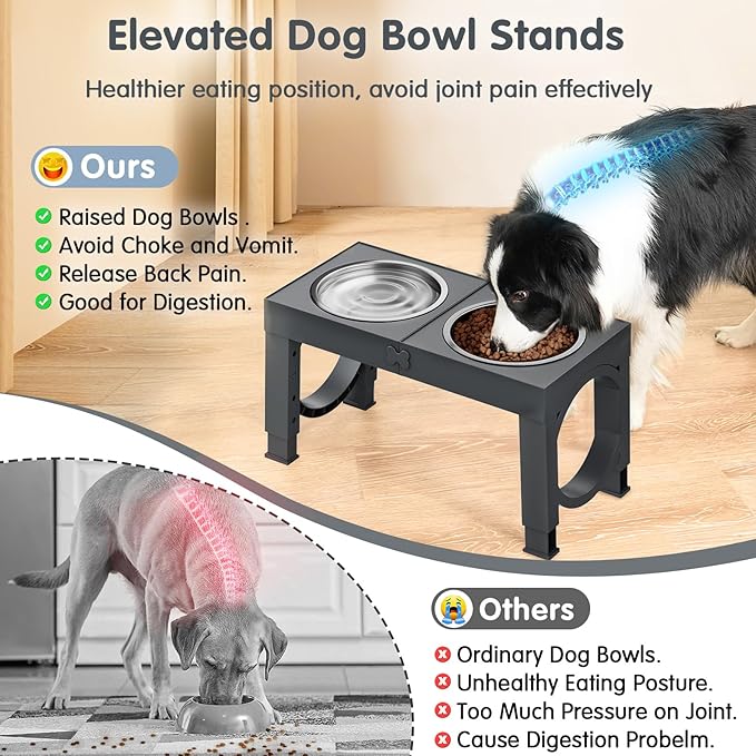 XIAZ Elevated Dog Bowls Large Breed Raised Dogs Bowl Stand Large/Medium Sized Dog 1L Food Water Bowl Stands 5 Heights Adjustable 9/11/12/14in Grey Pet Feeder Dish Station