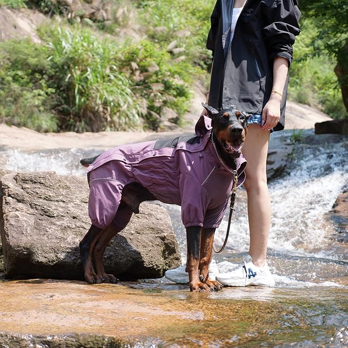 LOVELONGLONG Waterproof Dog Raincoat with Removable Hood – Outdoor Full Body Dog Jacket, Windproof Snowproof Shell Suit – All Season Pet Rain Gear Plum Purple 3XL