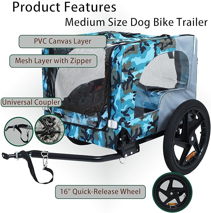 Collapsible Dog Bike Trailer for Small & Medium Pets - 16" All-Terrain Wheels, Universal Hitch, Quick Release & Non-Slip Floor - Internal Leash, Bicycle Accessories