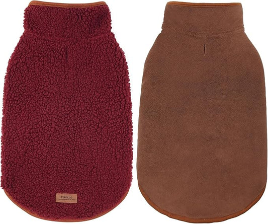 cyeollo Warm Dog Coat Fleece Sherpa Reversible Winter Sweater Coats, Turtleneck Cold Weather Dog Jacket Vest for Small Dogs with Leash Hole, Burgundy, S