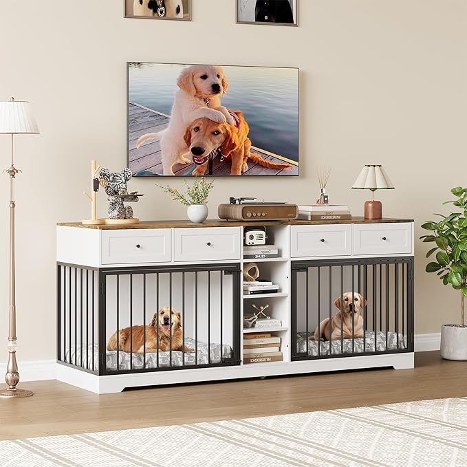 GarveeHome 82" Double Dog Crate Furniture, Large Dog Kennel Indoor for 2 Dogs, Heavy Duty Wooden Dog Crate TV Stand with 4 Drawers and Shelves, White/Brown