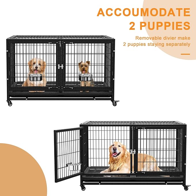 48/43 inch Heavy Duty Dog Crate for Large Dogs, Stackable Dog Kennels and Metal Wire Cages with Feeding Bowls, Leak-Proof Pans, Removable Wire Trays and Divider, Extra Large XL XXL