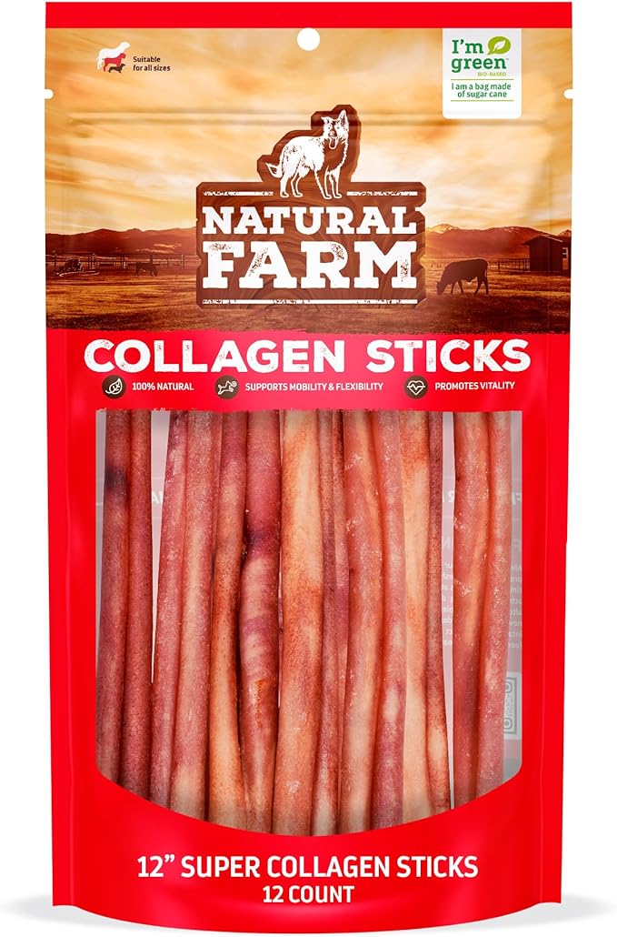 Natural Farm Odor-Free Super Collagen Dog Chews (12-Inch, 12-Pack) The First Ever Real Bull Sticks Alternative: 100% Natural Angus Hide Collagen Treats - More Protein, More Chew Time for All Dogs