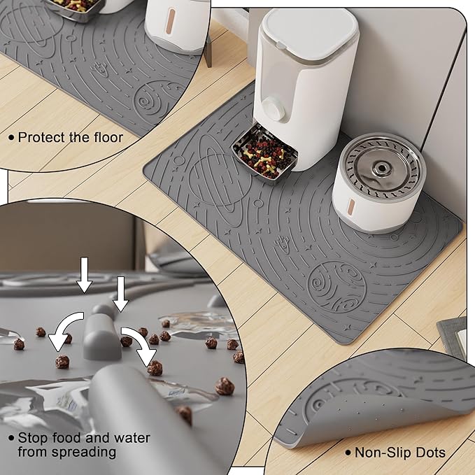 OHMO Dog Food Mat, Silicone Waterproof Cat Food Mat, Non-Skid Spill Proof Pet Feeding Mat for Food and Water, Easy to Clean Dog Placemat(Grey, 18.9" x 11.8")
