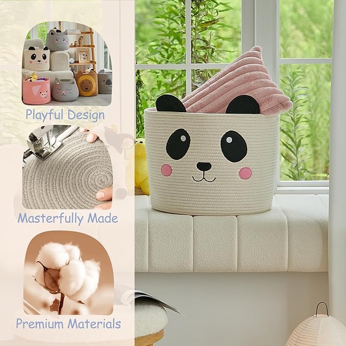 OMERAI Cotton Rope Storage Basket with Panda Design, 15"D x 12.6"H, Portable, Foldable, Multifunctional Laundry Basket