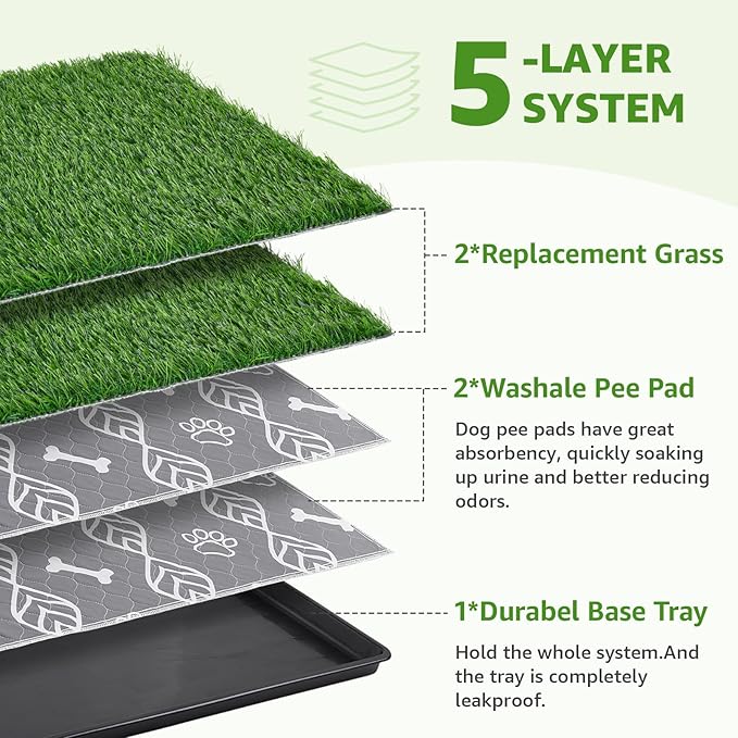 LOOBANI Large Dog Grass Pad with Tray - 35x23in Dog Litter Box with 2 Artificial Grass Patch + 2 Washable Pee Pads - Quickly Absorbency Indoor Outdoor Potty for Patio Balcony Apartment Use