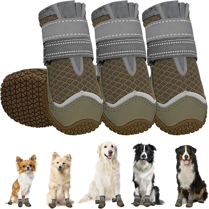 SlowTon Dog Shoes for Large Small Medium Dogs - Breathable Dog Boots for Summer Hot Pavement, Paw Protector for Outdoor Walking Winter Snow, Anti-Slip Rubber Dog Booties for Hardwood Floor (Brown, 6)