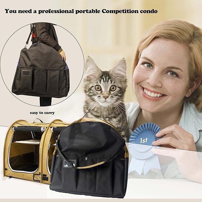 porayhut Mispace Portable Twin Compartment Show House Cat Cage/Condo - Easy to Fold & Carry Kennel - Comfy Puppy Home & Dog Travel Crate with Portable Carry Bag/Hammocks/Mats and Litter Box