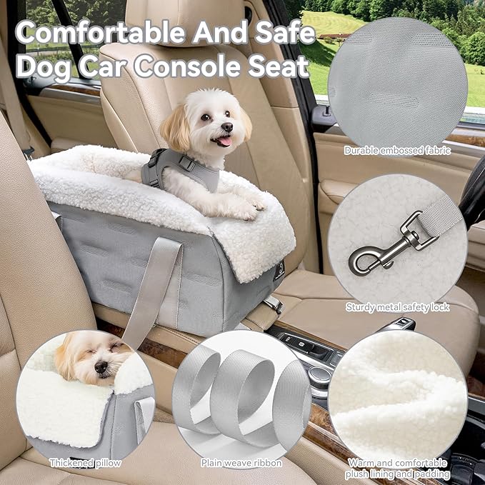 Center Console Dog Car Seat for Small Dogs Under 12 lbs – Secure Booster Seat with Safety Tether, Fits Most Cars & SUVs, Soft Washable Cushion, Portable Carrier Ideal for Pet Travel