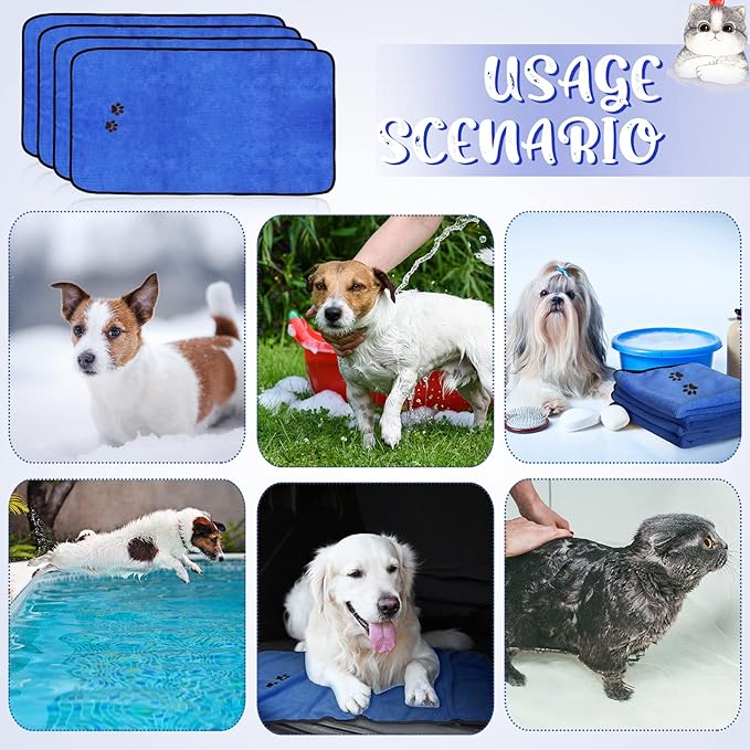 Tegeme 4 Pack Dog Towels for Drying Microfiber Soft Absorbent Pet Bath Towel Dog Drying Grooming Cloth with Embroidered Paw for Pet Cat Bathing Grooming(35 x 20 Inch,Deep Blue)