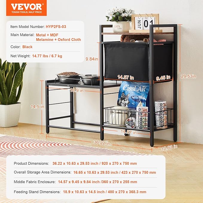 VEVOR Pet Feeding Station with Storage, Elevated Dog Bowls, Raised Dog Bowl Stand, Dog Food Storage and Feeder Station with Storage Shelves, Pet Toy Storage Organizer, for Large Medium Small Dogs