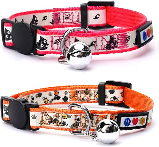 Pawtitas Glow in The Dark Cat Collar with Breakaway Safety Buckle & Bell Adjustable Kitten Collar, Set of 2 GID Pink/Orange