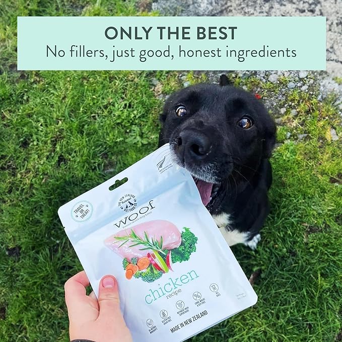 The New Zealand Natural Pet Food Co Woof Freeze Dried Dog Food - Chicken Recipe, High Protein, Dog Food Topper & Dog Treats, All Life Stages, 1.76 oz