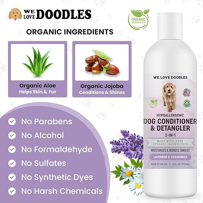 We Love Doodles Dog Conditioner & Dog Shampoo - 2-in-1 Conditioner for Allergies & Itching, Lotion Treatment for Dogs, for Matted Pet Hair, Sensitive Skin Shampoo for Puppies, Made in The USA
