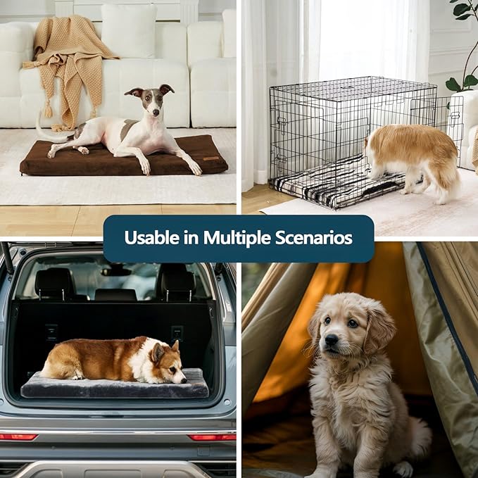 Dog Crate Pad - Dog Bed Large Sized Dogs with Removable Washable Cover and Waterproof Lining - XL Memory Foam Pet Bed for Crate - Reversible Kennel Mat (Cool & Warm), 42-inch, Brown