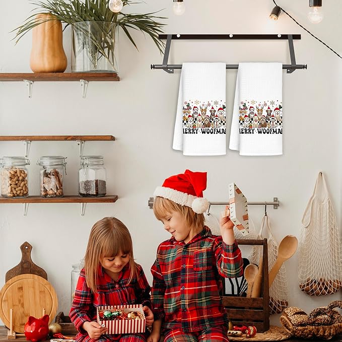 Christmas Dog Kitchen Towels, Merry Woofmas Christmas Hand Towels for Bathroom Dish Towels Tea Towels for Kitchen Decor for Bathroom, 16x24 Inches