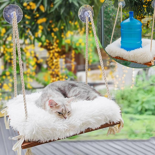 Cat Window Perch - Hammock Bed for Cats Inside - Solid Wood Seat, 4 Strong Suction Cups, Soft Cushion - Rustic Indoor Pet Shelf