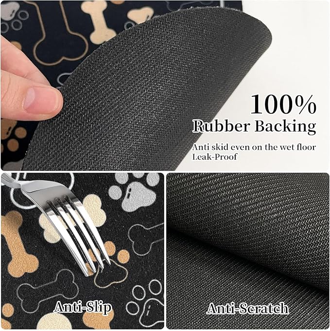Dog & Cat Food Mat Bone Shaped Pet Feeding Mat Quick Absorb Water Bowl Placemat with Rubber Backing Indoor Floor Stain Resistant Pet Accessory Supplies (Black, 12x24 Inches)
