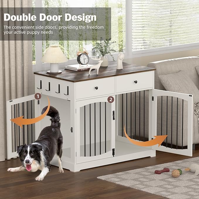 40'' Wooden Dog Crate Furniture–Farmhouse Dog Kenel-Multi Purpose Pet House with Double Doors, 2 Drawers, for Small, Medium & Large Dogs–White & Brown Finish