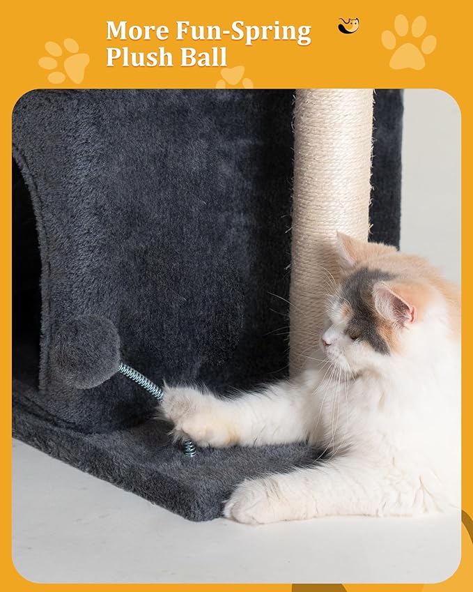 24in Cat Tree Tower with Scratching Post, 19 * 16.5in Window Perch Bed for Large Adult Cats, 2 Small Condo Cubbies for Indoor Kittens, Dark Gray