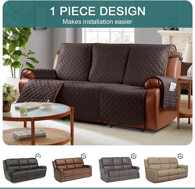 Ruaozz Waterproof Recliner Sofa Cover 1-Piece Couch Covers for Reclining Couches Reclining Sofa Cover Washable Furniture Protector with Elastic Straps Pocket for Kids, Pets (Chocolate, 3 Seater)