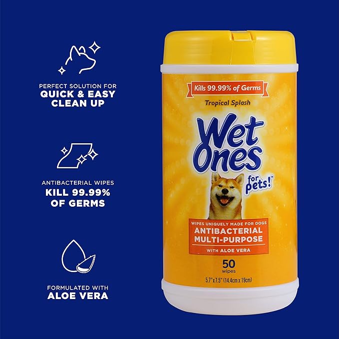 Wet Ones for Pets Multi-Purpose Dog Wipes With Aloe Vera | Dog Wipes For All Dogs in Tropical Splash, Wet Ones Wipes for Paws & All Purpose | 50 Ct Cannister Dog Wipes