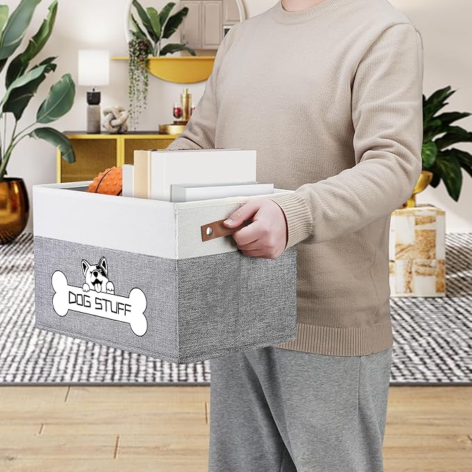 Foldable Dog Toy Box, Fabric Pet Storage, Folding Organizer Home Décor Bin with Handle, Collapsible Storage Basket for Pet Leash, Blanket, Chew Toys and Accessories