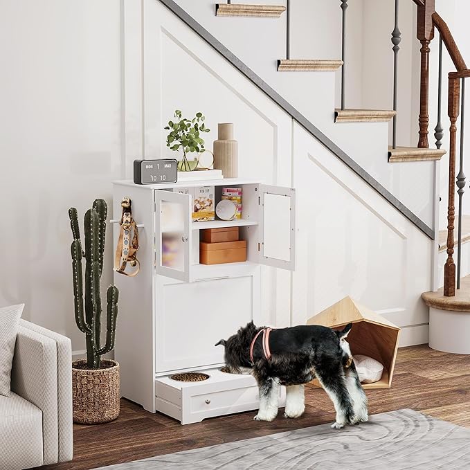 PawHut Dog Feeding Station with 2 Storage Cabinets, Elevated Dog Bowls, Side Hooks, Anti-tip Kit, Hidden Pet Feeder Station for Feeding & Watering, White