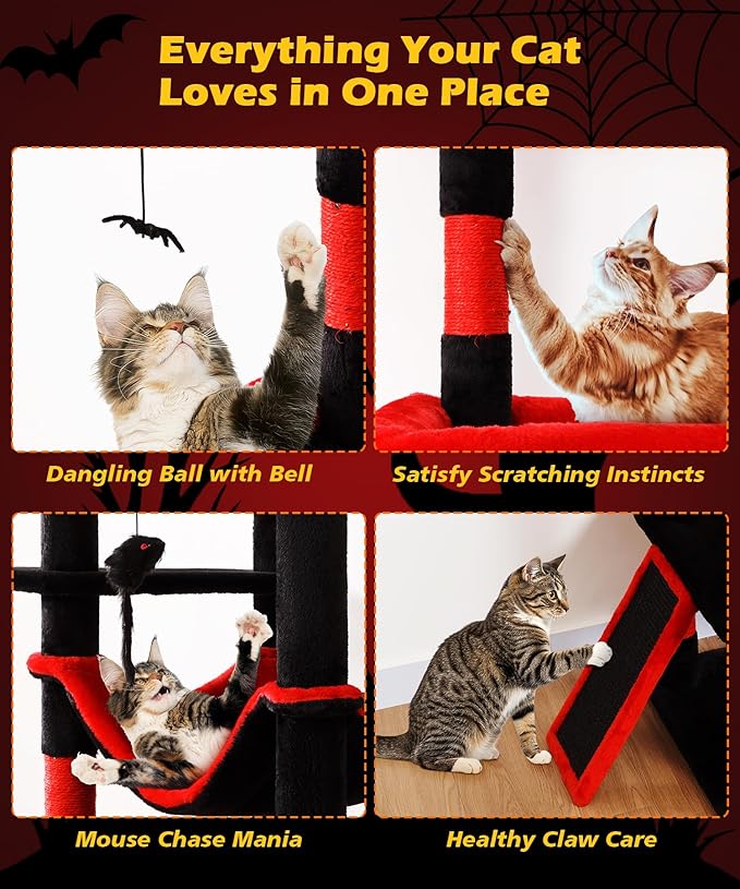 AMHANCIBLE Gothic Heavy Duty Cat Tree for Indoor Cats Large Adult 20 lbs+, 83 Inch Multi-Level Tall Cat Tower with Scratching Post and Board, Hammock, Condos, Hanging Basket, Black Red, PT21RD