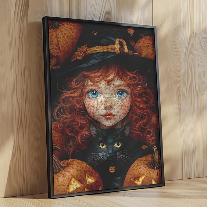 Brown Curly-Haired Doll Holding Black Cat Jigsaw Puzzle Halloween Pumpkin Girl Jigsaw Puzzles for Challenging Family Activity Games DIY Puzzle for Home Wall Decor Gifts 20 x 27 Inch