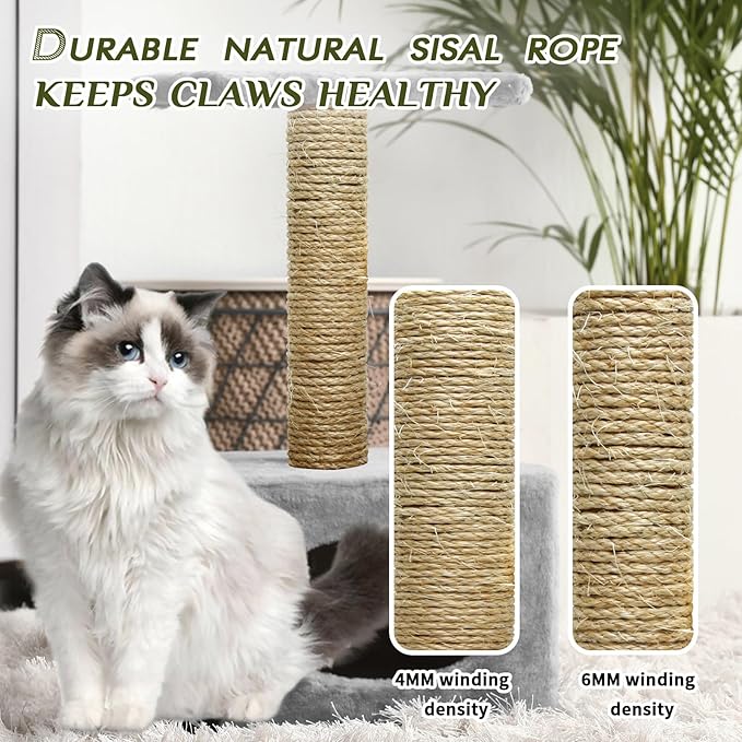 Natural Sisal Rope 1/4 Inch by 65-Feet for Cat Scratching Post Tree Tower Replacement Repair and Replace, DIY Hemp Twine Rope for Kittens Shelves Furniture Window Bed Perch Hammock cave, 6mm by 20m