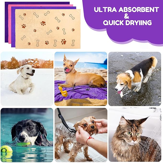 Chumia 4 Pcs Dog Towels for Drying Dog Puppy Bulk Microfiber Absorbent Paw Towel Pet Bathing Supplies Quick Drying for Medium Cats Pets Shower(24 x 40 Inch,Dark Purple,Purple,Pink,Yellow)