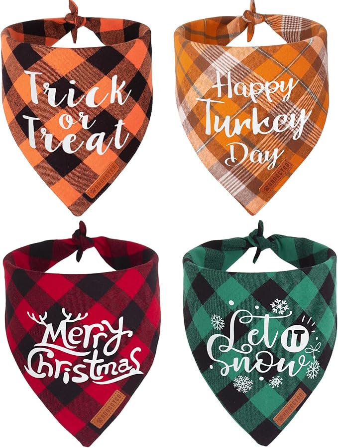 ADOGGYGO 4 Pack Plaid Holiday Dog Bandana, Halloween Thanksgivng Christmas Puppy Scarf Kerchief Christmas Thanksgivng Halloween Bandanas for Small Dogs (Small)