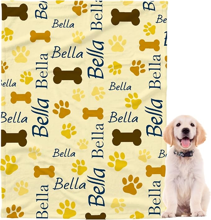 Custom Pet Name Blanket Personalized Dogs Customized Puppy ,Dog Gift for Dog Lovers Mom Dad Cute Paw Prints Soft Flannel Throw Bed Sofa Travel Small 50''x40'' Kids Dog Paw Print Bone-1