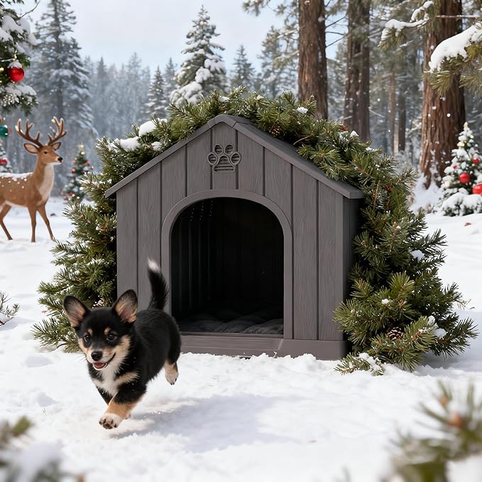 Dog House Outdoor Indoor for Medium Large Dogs, Durable Plastic Waterproof Doghouse with Air Vents and Elevated Floor, Easy Clean and Assemble (Grey, 26.18''L × 24.02''W × 25.98''H)