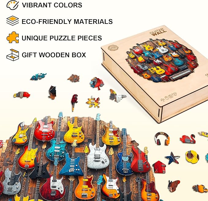 KAAYEE Wooden Puzzles for Adults, Guitar Wall Jigsaw Puzzles, 205 Piece Unique Shape Puzzle, Creative Gifts for Adults/Friends/Family, Family Game，Wall Decor(11.4 * 11.4in)