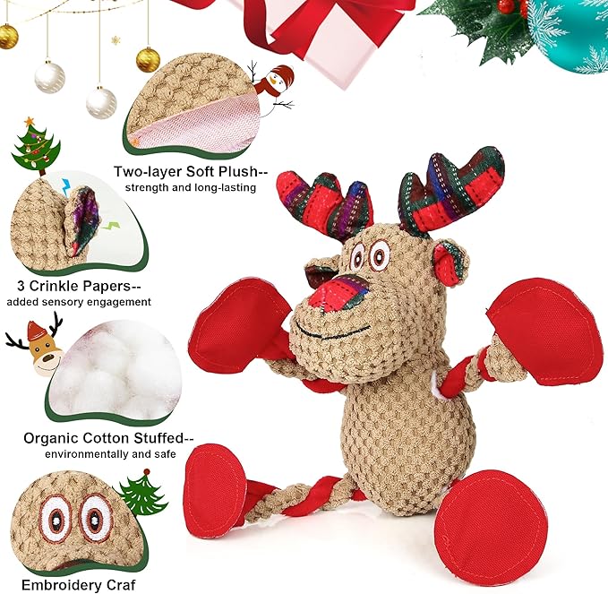 IOKHEIRA Christmas Dog Toys - Squeaky Dog for Small, Medium, and Large Dogs, Holiday Dog Toys with Organic Cotton, 5 Squeakers & Crinkle Papers, Soft Plush for Tug of War