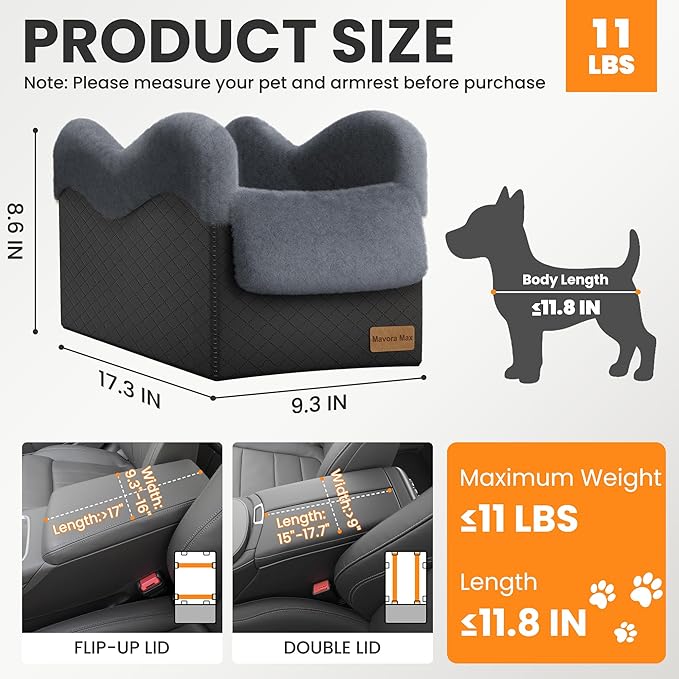 Portable Small Dog Seat for Car, Luxury Center Console Dog Car Seat Booster with Safety Tethers, Anti-Collapse Pet Travel Carseat for SUV, Truck (Black/Grey)